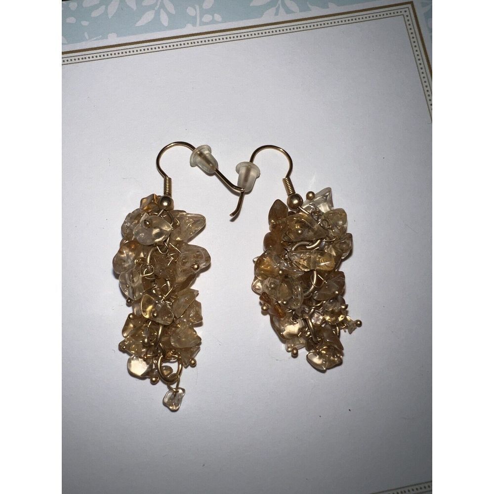 Beautiful Citrine Gemstone Chip Bead Cluster Drop Dangle Earrings - Picture 2 of 2